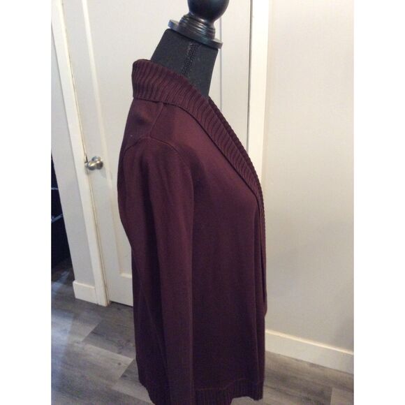 KTFK Burgandy EUC Cardigan Ribbed Knit Shawl Front Open Plum Medium NICE - Picture 2 of 5